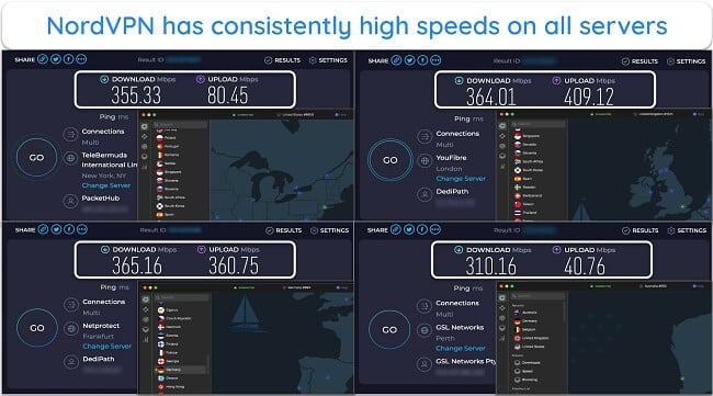 Screenshot of NordVPN speed test results in the UK, France, New Zealand, and US