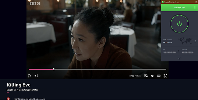 Screenshot of PIA streaming Killing Eve on BBC iPlayer