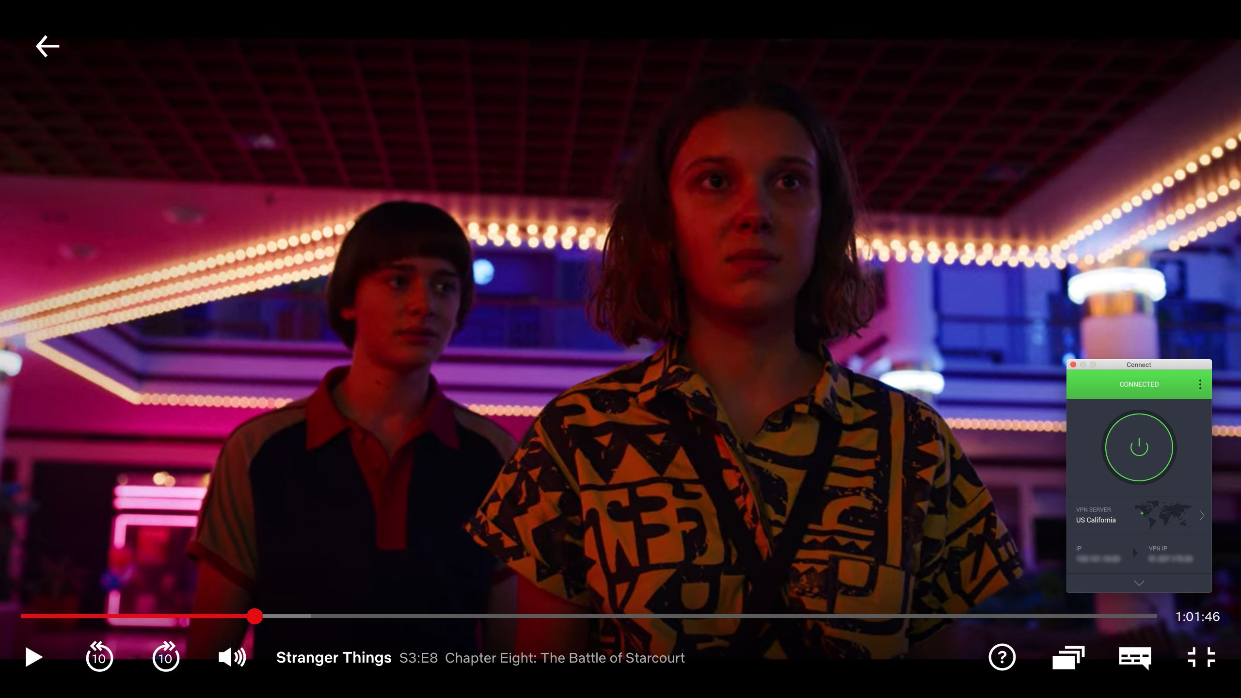 Screenshot of PIA streaming Stranger Things on Netflix