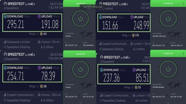 Dünyanın dört bir yanındaki farklı sunucularda Ookla\\\'da PIA hız testi sonuçları örneği