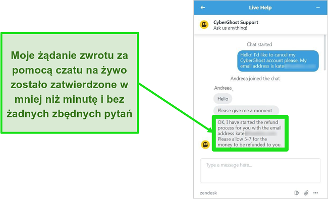 Zrzut ekranu użytkownika, który pomyślnie zażądał zwrotu pieniędzy od CyberGhost za pośrednictwem czatu na żywo z 30-dniową gwarancją zwrotu pieniędzy