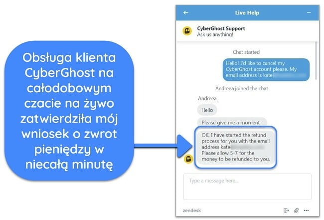 Zrzut ekranu przedstawiający użytkownika, który pomyślnie poprosił o zwrot pieniędzy od CyberGhost za pośrednictwem czatu na żywo z 45-dniową gwarancją zwrotu pieniędzy