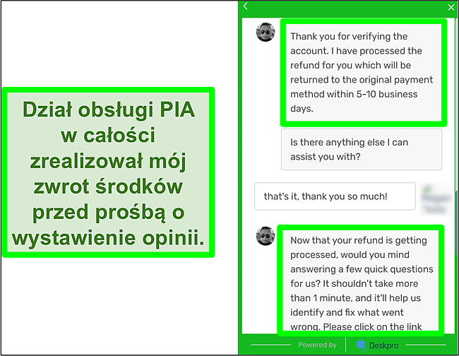 Zrzut ekranu przedstawiający przedstawiciela Private Internet Access zatwierdzającego zwrot pieniędzy za pomocą gwarancji zwrotu pieniędzy na czacie na żywo