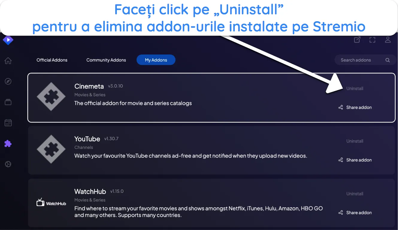 Captură de ecran a modului de dezinstalare a unui supliment Stremio.