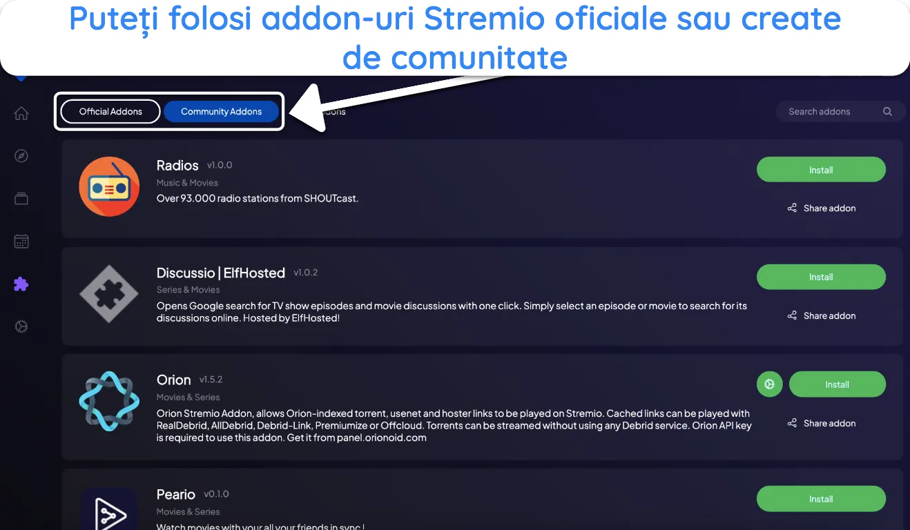 Captură de ecran despre cum să instalați suplimente pe Stremio.