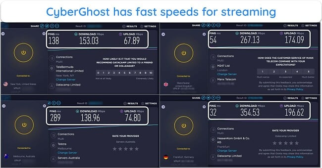 Screenshot of CyberGhost speed tests showing servers in the US, UK, Australia, and Germany