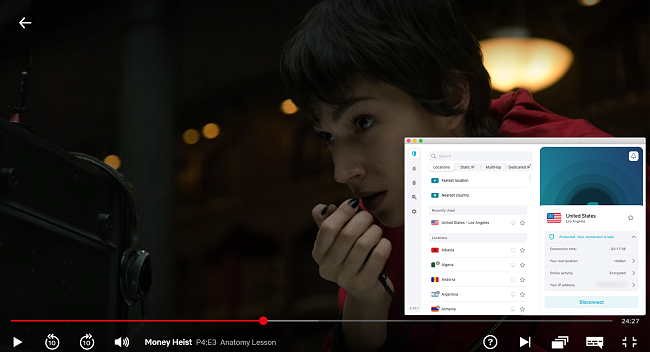Screenshot of Surfshark streaming Money Heist on Netflix