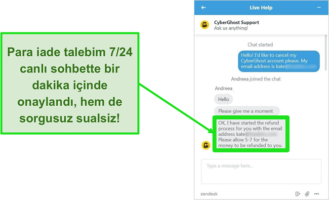 30 günlük para iade garantisi ile canlı sohbet üzerinden CyberGhost\'tan başarılı bir şekilde geri ödeme talebinde bulunan bir kullanıcının ekran görüntüsü
