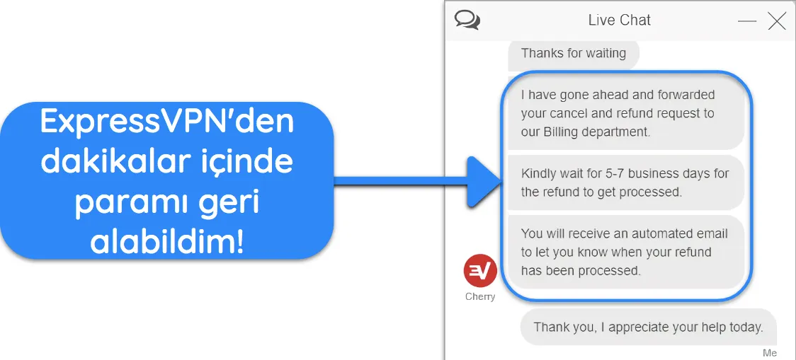 30 günlük para iade garantisiyle canlı sohbet üzerinden ExpressVPN\\\\\\\'den başarıyla geri ödeme talep eden bir kullanıcının ekran görüntüsü