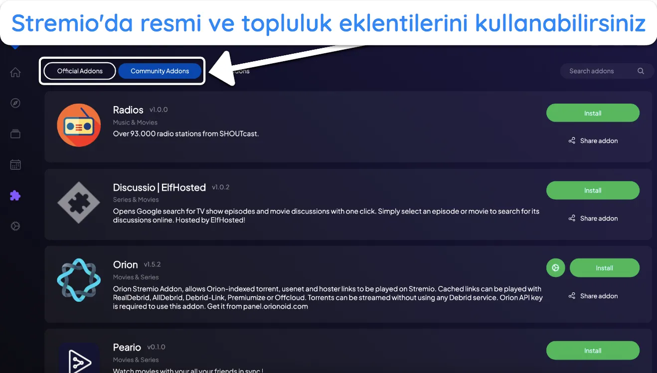 Stremio'ya eklentilerin nasıl kurulacağına dair ekran görüntüsü.