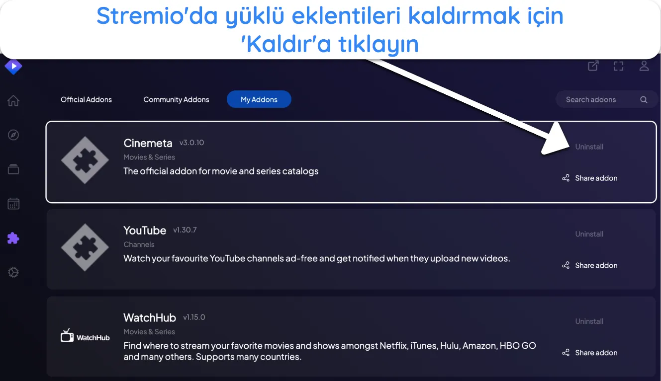 Stremio eklentisinin nasıl kaldırılacağına dair ekran görüntüsü.