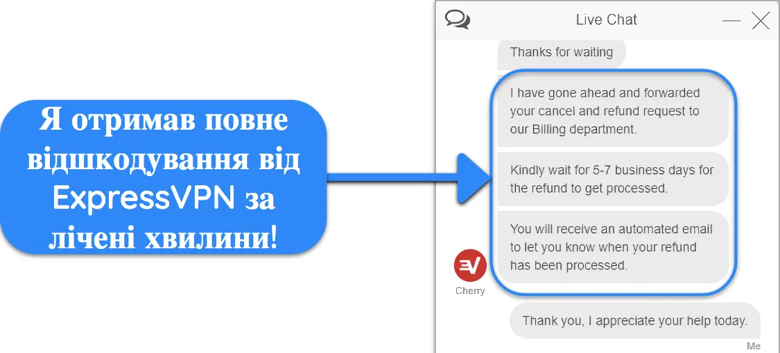 Знімок екрана користувача, який успішно подав запит на відшкодування від ExpressVPN у чаті з 30-денною гарантією повернення грошей