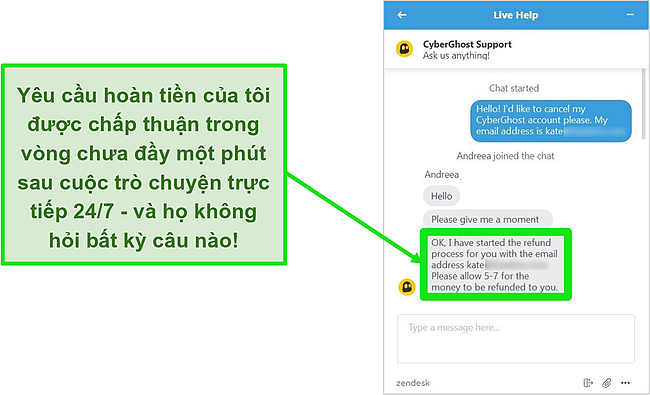 Ảnh chụp màn hình của một người dùng yêu cầu hoàn tiền thành công từ CyberGhost qua trò chuyện trực tiếp với đảm bảo hoàn tiền trong 30 ngày