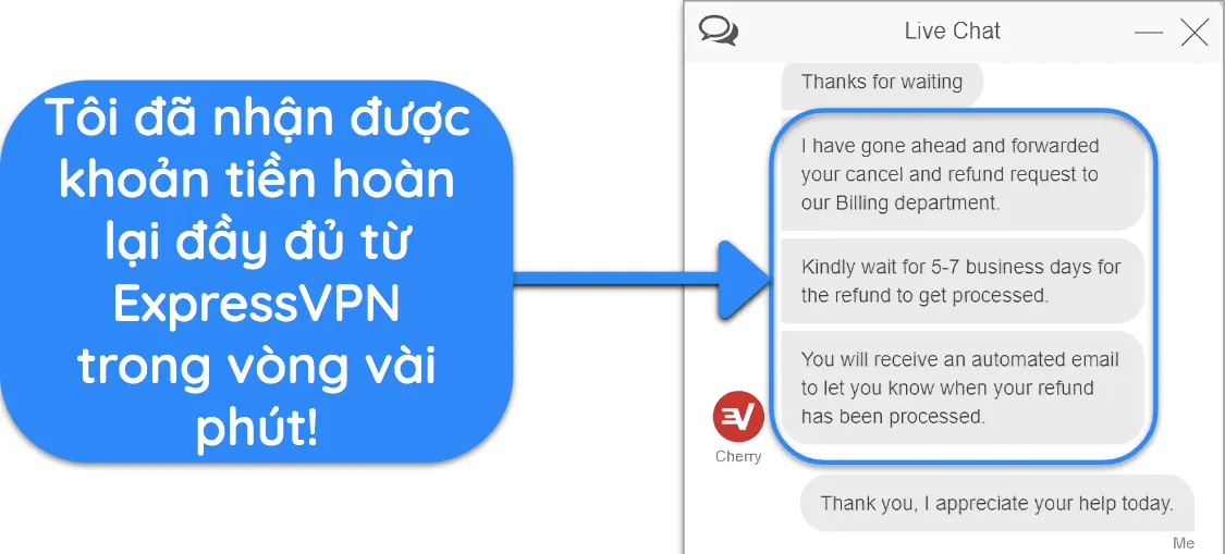 Ảnh chụp màn hình người dùng yêu cầu hoàn tiền thành công từ ExpressVPN qua trò chuyện trực tiếp với cam kết hoàn tiền trong 30 ngày