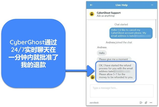 用户通过实时聊天成功向 Cyber​​Ghost 请求退款并提供 45 天退款保证的屏幕截图