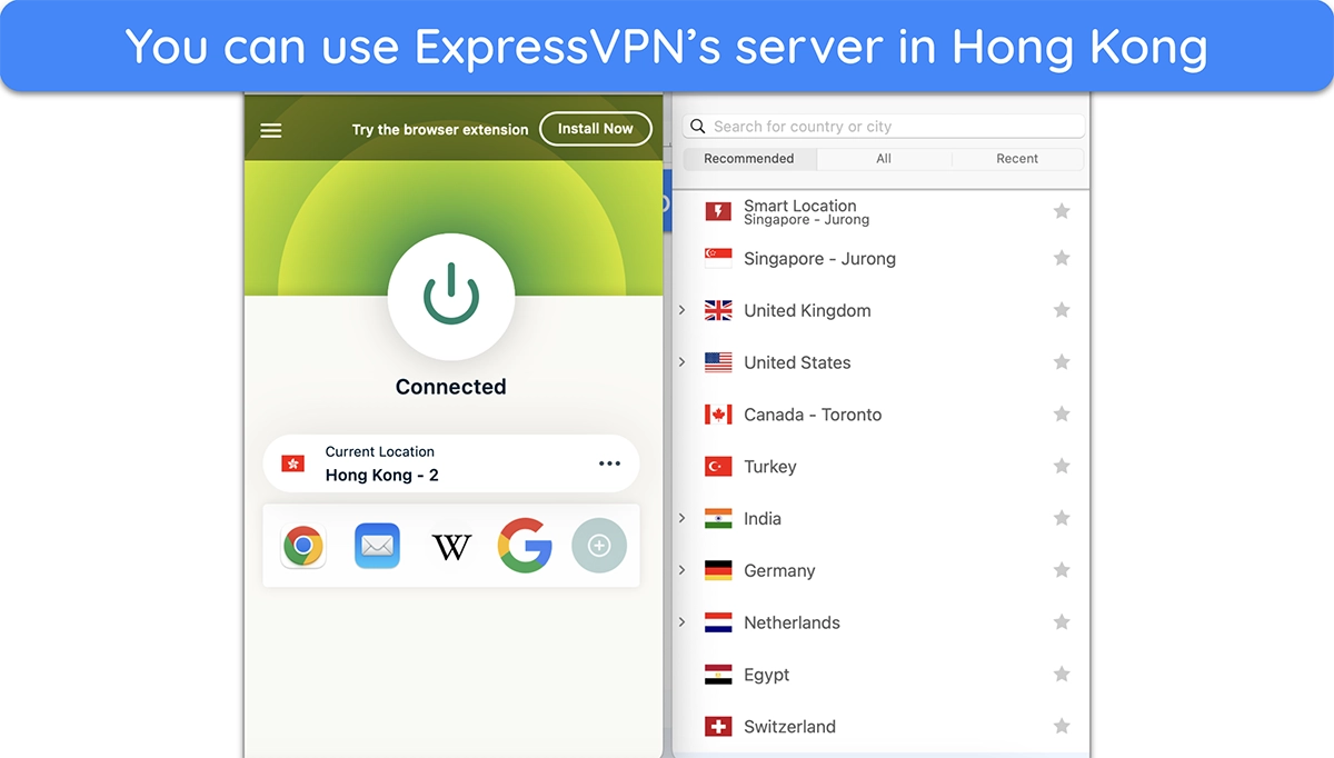 Screenshot of ExpressVPN connected to a server in Hong Kong and its list of other locations