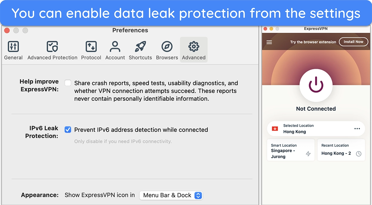 Screenshot of how to enable IPv6 leak protection in ExpressVPN