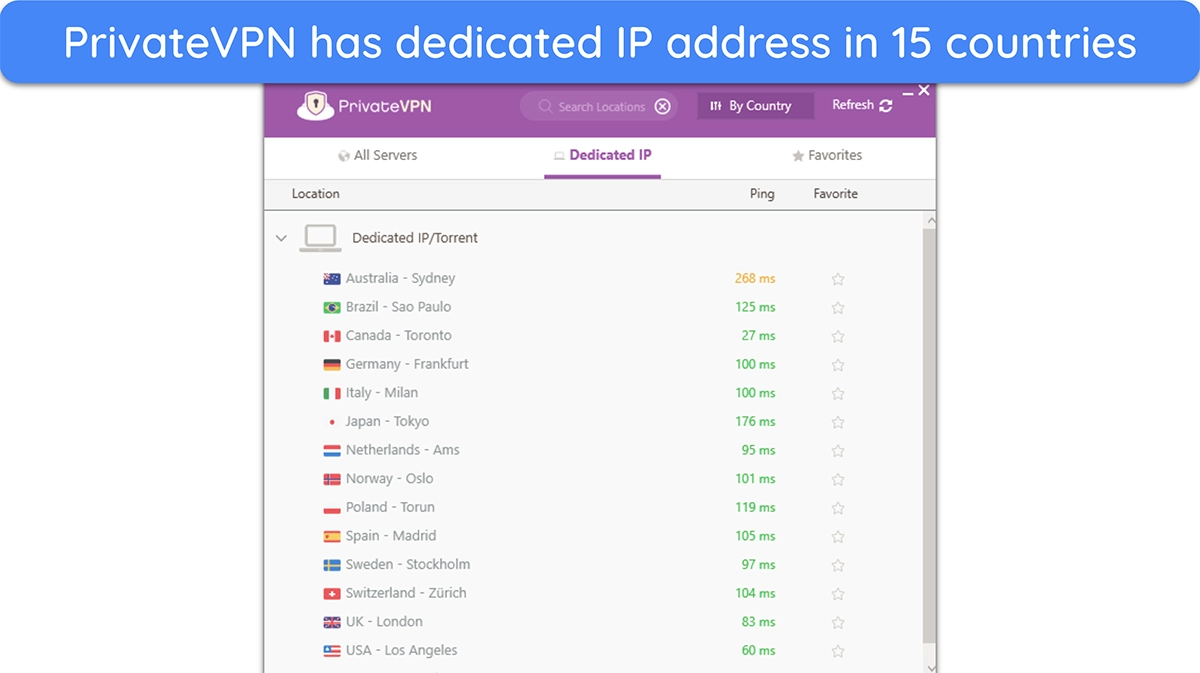 Screenshot of PrivateVPN's list of servers that provide a dedicated IP address