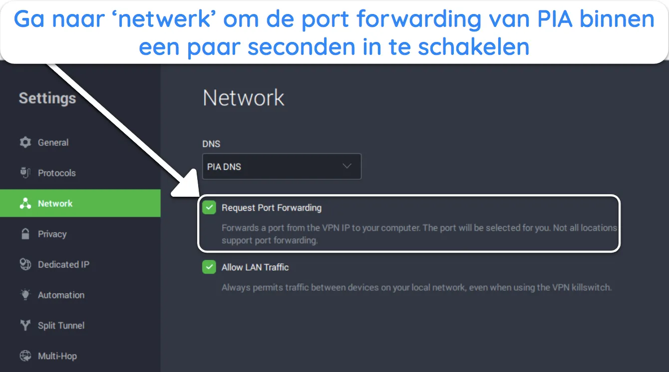 Schermafbeelding van de Windows-app van PIA waarop te zien is hoe u poortdoorsturing inschakelt in het menu Netwerkinstellingen.