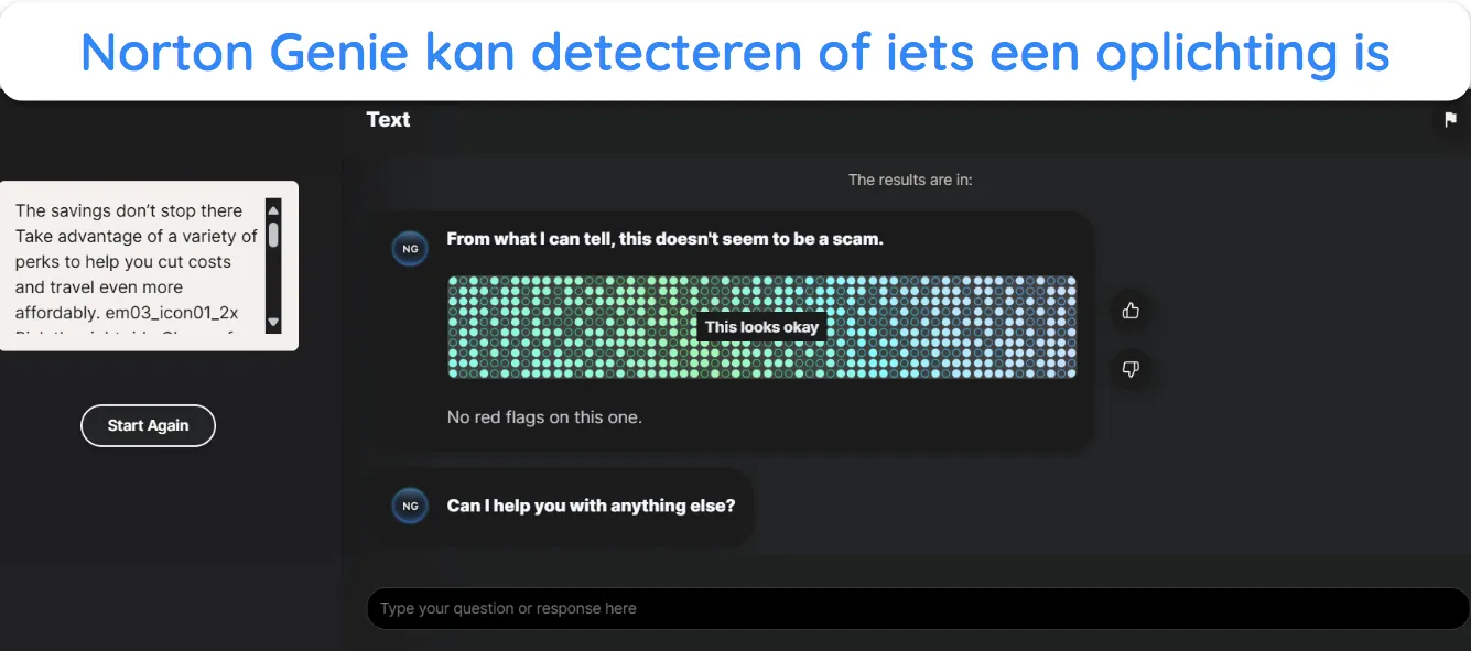 Screenshot van Norton Genie die controleert of de inhoud van een e-mail oplichting bevat