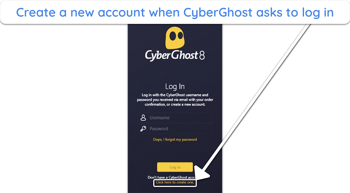 Screenshot showing how to access the sign-up page in CyberGhost's app