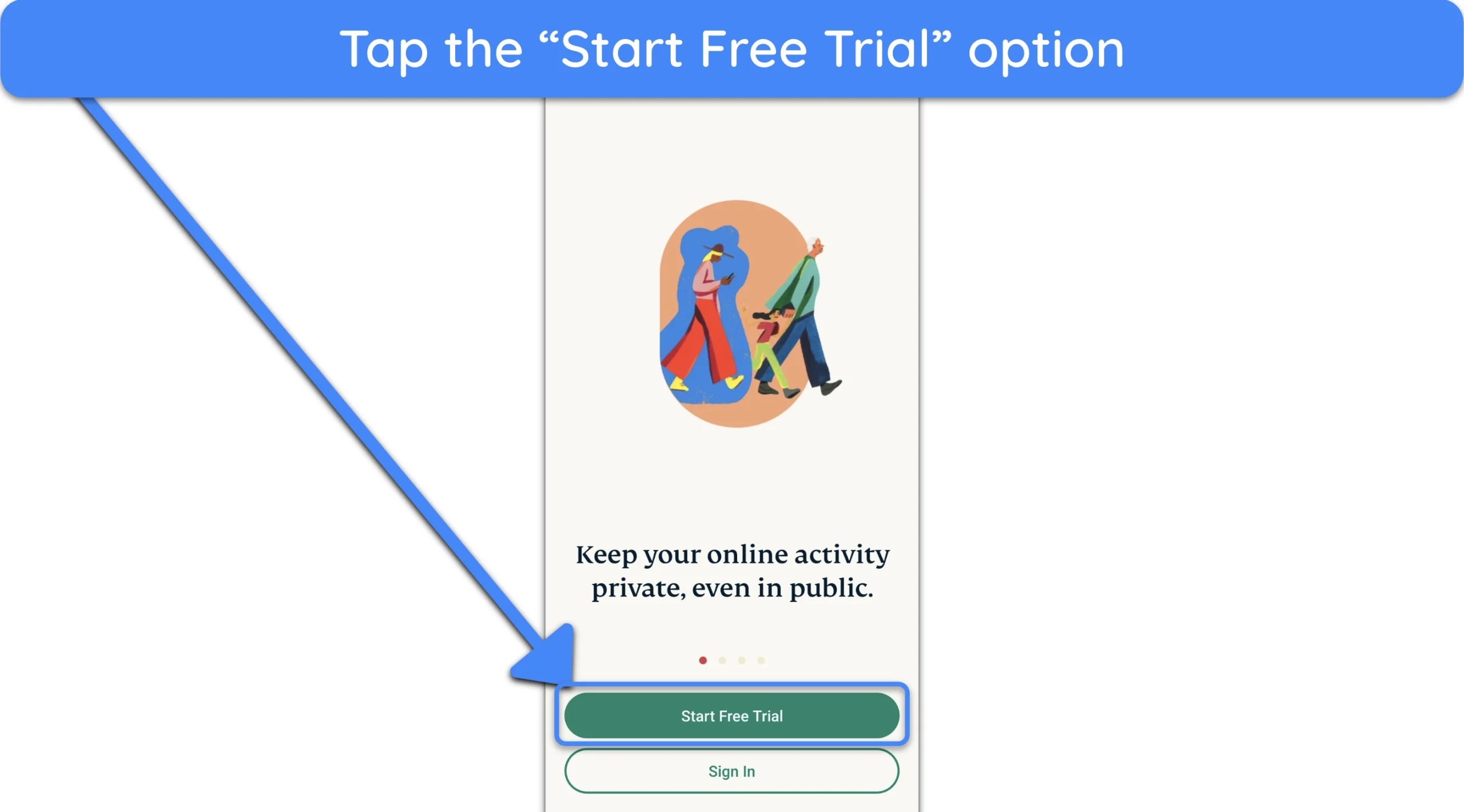 Screenshot showing how to get the free trial using ExpressVPN's Android app