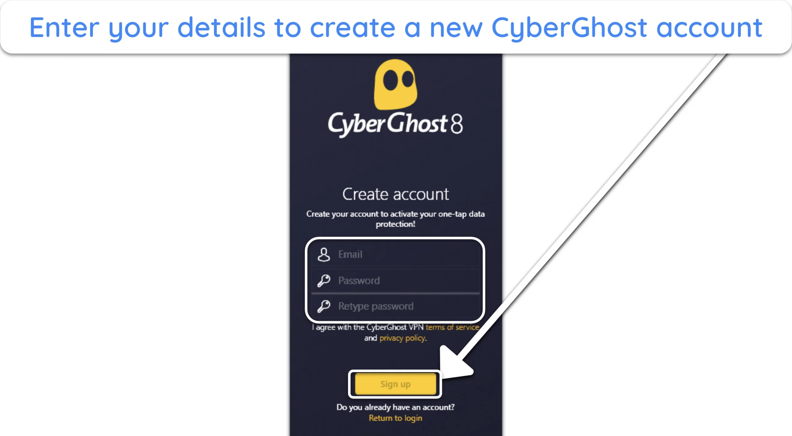 Screenshot showing how to finish signing up for CyberGhost