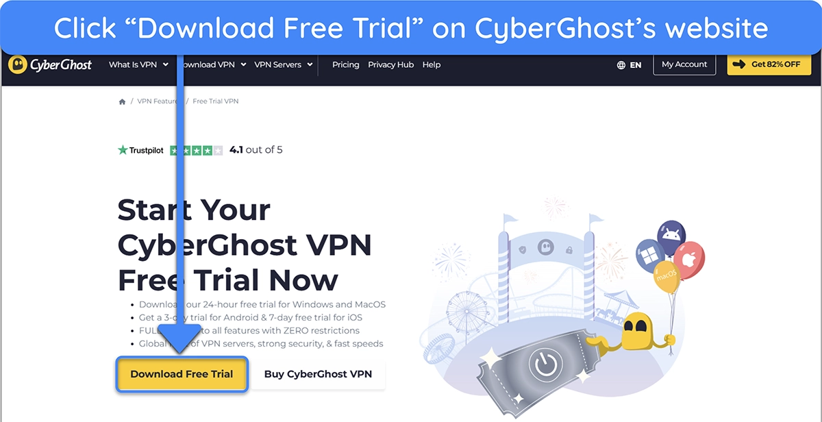 Screenshot showing how to get CyberGhost's free trial from the official website