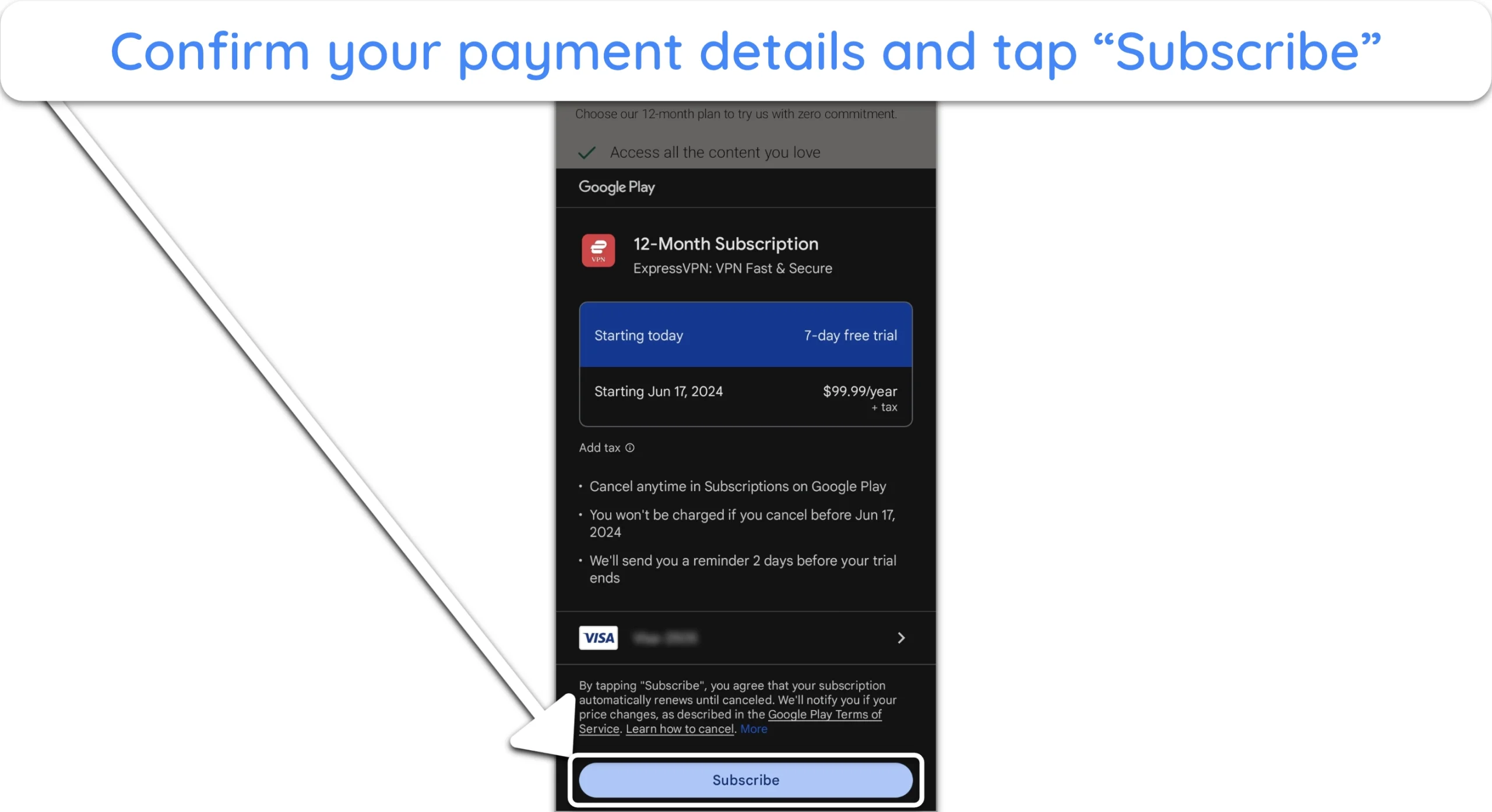 Screenshot showing how to enter payment details and start using ExpressVPN's 7-day trial